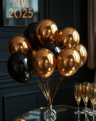 Chic Modern Living Room with Black and Gold Theme for New Year’s Eve, Featuring Black Balloons with Gold Confetti, Champagne Glasses, and a Bold "2025" Sign for a Glamorous Vibe