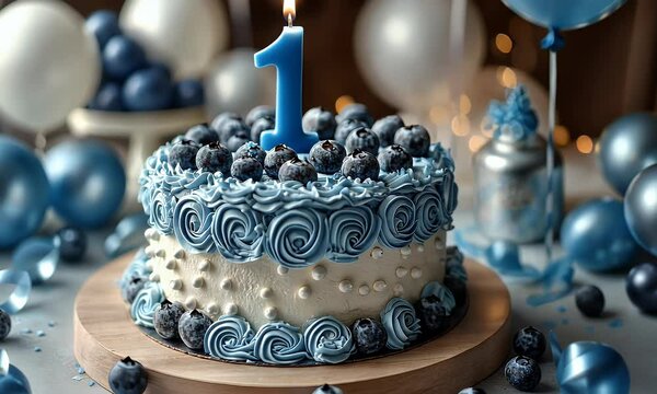 Delicious first birthday cake decorated with blueberries and a single candle.