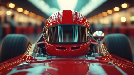 A red racing car with a helmet on the front