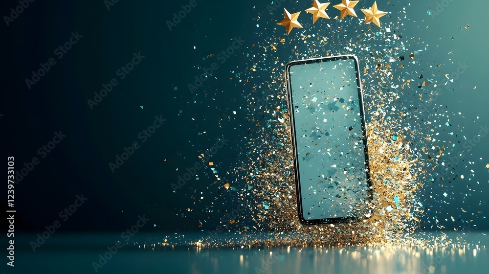 Poster 3d rendered concept of online rating stars floating and hovering above a smartphone device on a meta