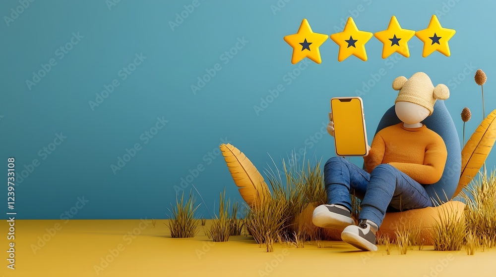 Aufkleber 3D rendered digital concept of online rating stars or evaluation symbols appearing above or hovering over a mobile smartphone device  Abstract digital technology and communication design