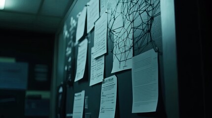  Mysterious detective investigation board with intricate web of connections. Dimly lit room and blurred background emphasize the shadowy figures and complex clues.