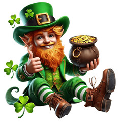 St Patrick's Day Leprechaun with Clover and Gold, isolated transparent background, png