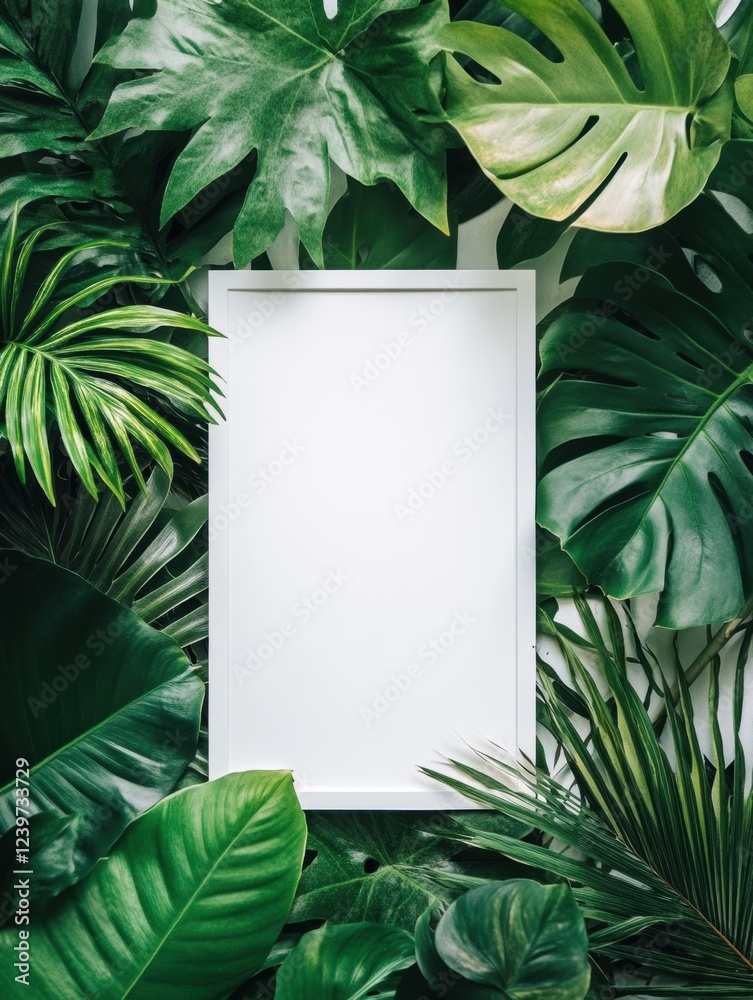 Aufkleber Blank frame surrounded by various tropical green leaves in a natural setting for creative inspiration. Generative AI