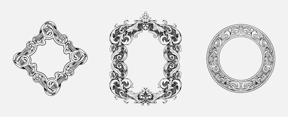 set of hand drawn black and white ornamental engraved square and circle frames in vintage style