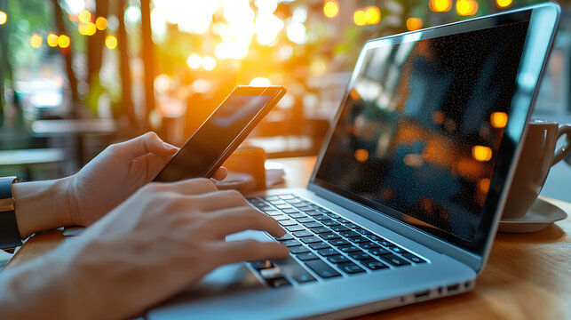 A person is using a laptop and a cell phone at the same time. generated using AI