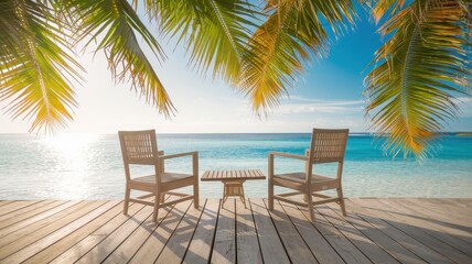 Two wooden lounge chairs under swaying palm trees offer a serene view of the tranquil turquoise waters, perfect for relaxation and getaway vibes.