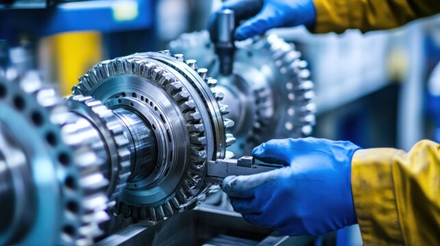 Precision Engineering: Close-up of a Mechanic Assembling Gears with Measurement Tool