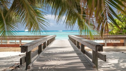 Fototapeta premium Tranquil wooden boardwalk leading to a serene beach, framed by lush palm leaves under a bright sky, evoking a mood of relaxation and escape.