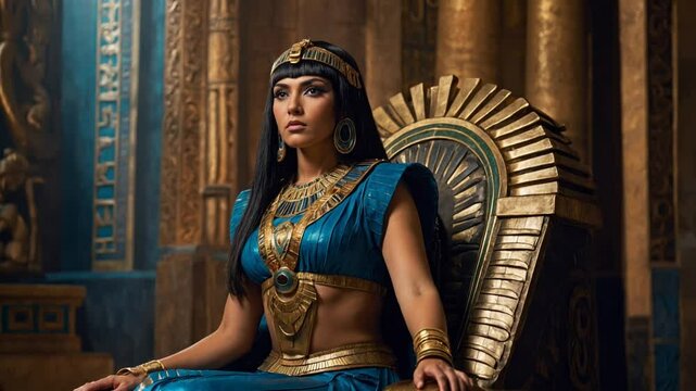 Hyper-realistic shot of Cleopatra seated on her golden throne, exuding regal authority