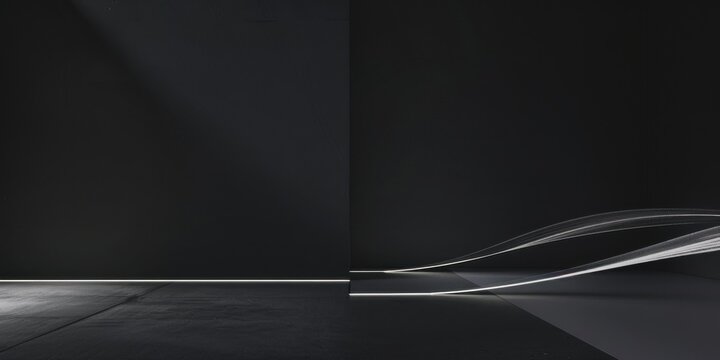 A refined and pure minimalist visual against a jet-black background, Centralized thin intersecting shapes and light patterns, Contemporary minimalist style