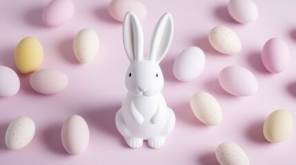 Obraz premium Decorative white bunny surrounded by pastel eggs on soft pink background during spring celebration