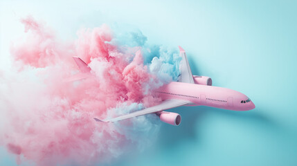 Pink passenger plane with pastel pink clouds on light blue background and copy space