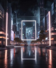 Futuristic cityscape with glowing neon lights and abstract white square shape in the center, ,  futuristic concepts,  urban landscape