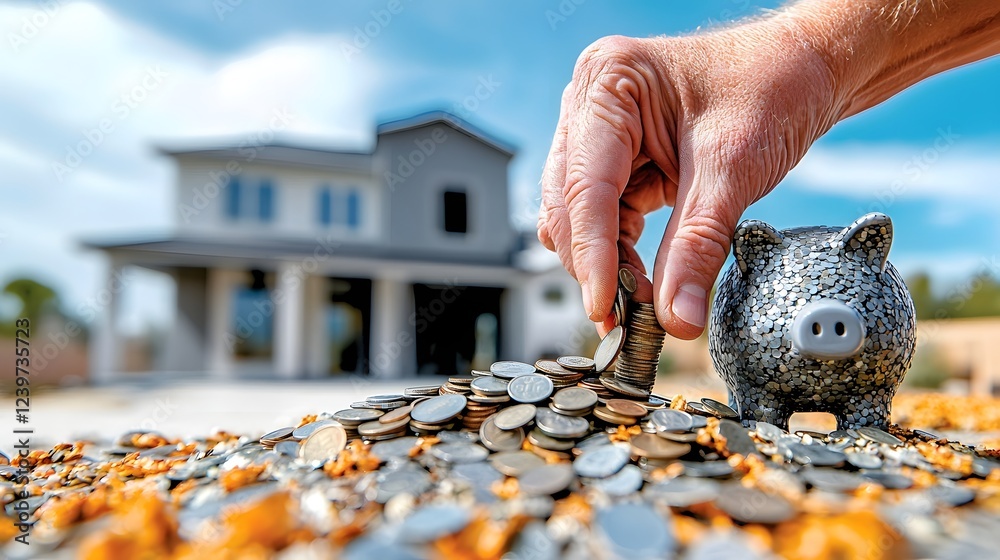 Aufkleber a person s hand counting and depositing coins into a piggy bank with a blurred background of a home 