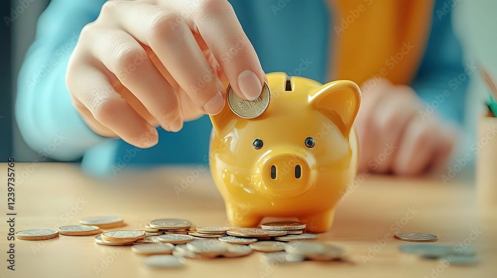 Poster a person s hands carefully counting and depositing coins into a yellow piggy bank with a blurred bac