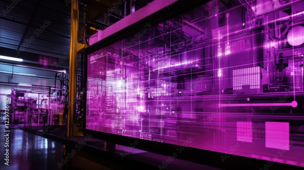 Poster futuristic interface showcasing real time production data and process optimization in an advanced ma