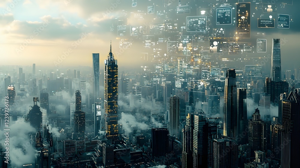 Fototapete A visually stunning futuristic cityscape with a digital overlay of AI powered information and conversations creating a captivating and innovative urban landscape of the future
