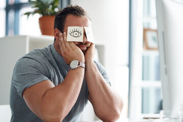 Man, sticky notes and sleeping in office, exhausted and professional with bad mental health. Male...
