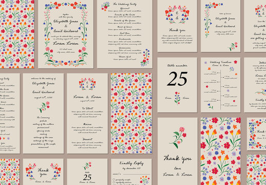 Hand Drawn Wedding Template Suite with Flowers