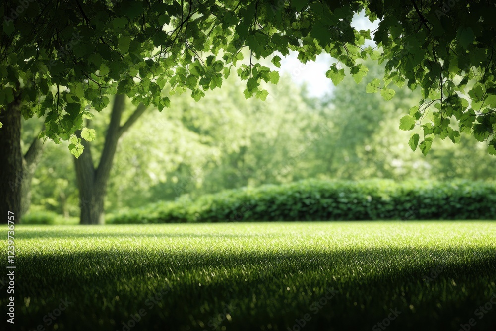 Poster lush green landscape under a canopy of leaves in a serene park during daylight hours. generative ai