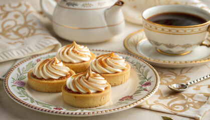 Lemon meringue tarts with tea on an elegant table setting