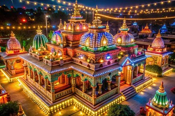 Fototapeta premium Aerial drone footage reveals a breathtaking Indian temple adorned with festive Diwali illumination.