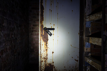 A rusty metal door with a handle stands in a dimly lit brick hallway, hinting at age and neglect.