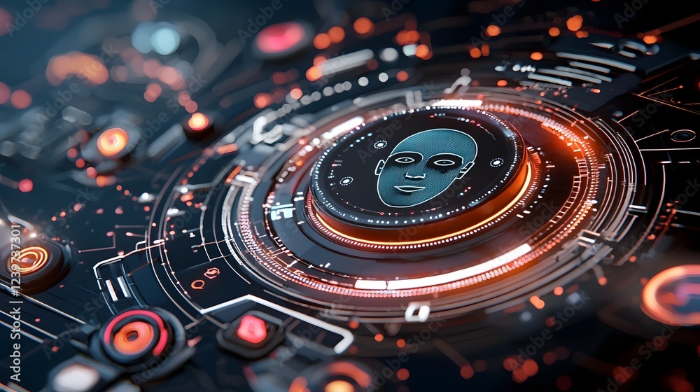 Aufkleber Biometric face recognition and authentication system with futuristic cyber HUD interface design  Digital security access control