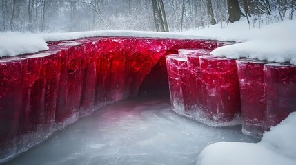 A red river is frozen over and the water is clear