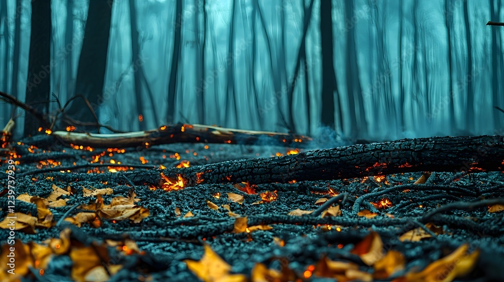Aufkleber charred and smoldering forest floor covered in fallen branches decaying logs and glowing embers set 
