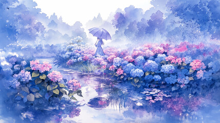 日本、梅雨の風景｜紫陽花をメインにした女性のポートレート。柔らかで繊細な水彩イラスト。
