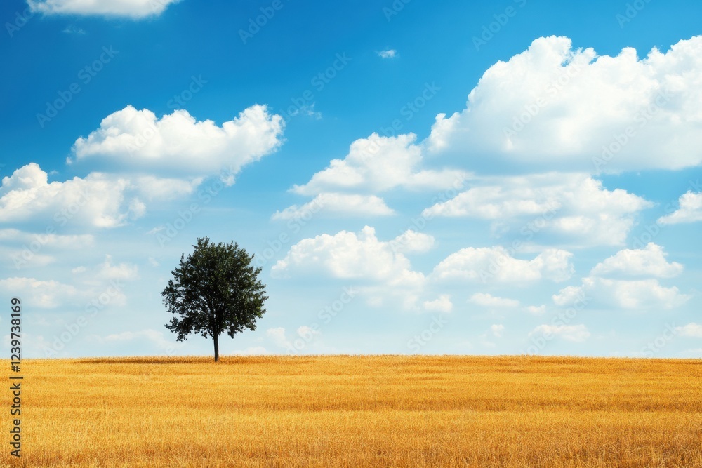 Aufkleber solitary tree stands in golden field under bright blue sky with fluffy clouds on a sunny day. genera