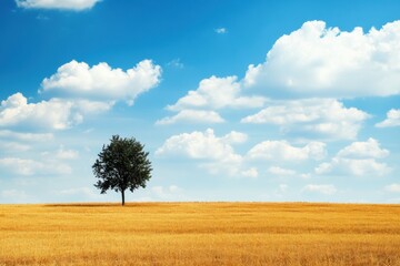 Obraz premium Solitary tree stands in golden field under bright blue sky with fluffy clouds on a sunny day. Generative AI
