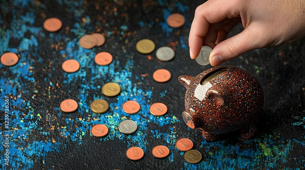 Poster close up shot of a hand dropping a coin into a piggy bank symbolizing the concept of savings and fin
