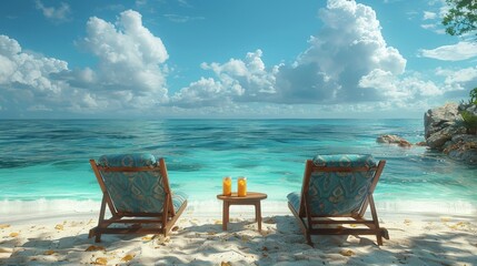 Scenic Tropical Beachfront with Two Lounge Chairs Overlooking Crystal Clear Ocean under Fluffy Clouds on Sunny DayBeach