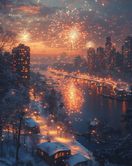 Fireworks Exploding Over a Snowy Cityscape on New Year’s Eve, Illuminating the Night Sky with Bright Colors in a Festive Winter Celebration Atmosphere