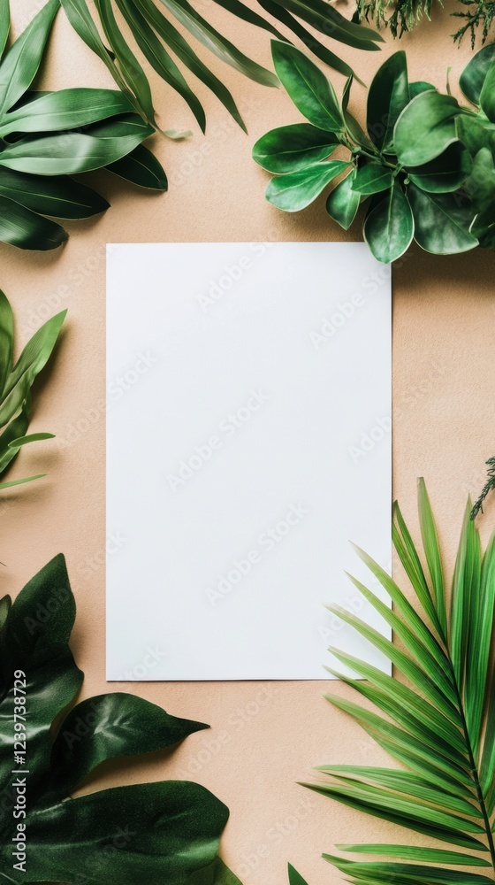 Poster blank white paper surrounded by lush green leaves on a wooden surface in a natural setting during da
