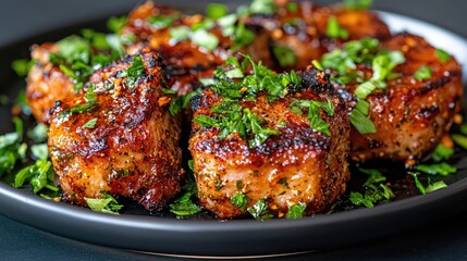 Grilled pork cubes, herbs, dark plate, food photography, recipe