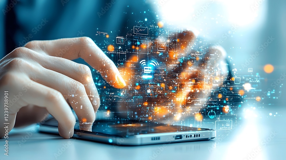 Leinwandbilder close up view of human hands typing on a modern smartphone device with a virtual assistant or respon
