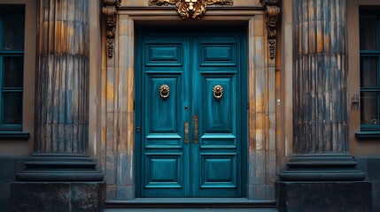 Obraz premium Elegant teal double doors gleam softly under warm light rich textures create inviting ambiance. AI Generated