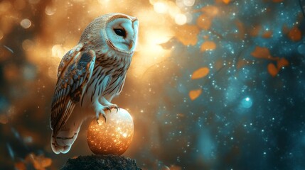 Majestic owl perched on glowing orb amidst a magical forest of ethereal light and vibrant colors