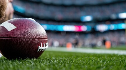 Football on field, stadium background, game action