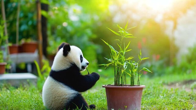 Cute panda joyfully munching bamboo in vibrant garden, basking in warm sunlight, surrounded by natures wildlife.