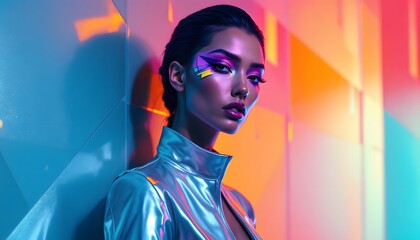 Obraz premium High-fashion portrait with geometric makeup ? embodying futuristic boldness ? ideal for avant-garde editorials, tech showcases, and themed fashion galas