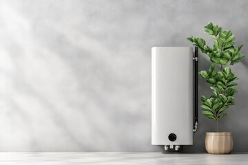 Industrial style bathroom corner with tankless water heater and modern decor elements
