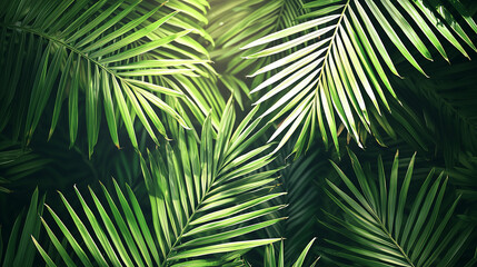 Tropical Green Palm Leaves, Natural Sunlight Background, Vibrant Botanical Backdrop, Eco-Friendly Design, Lush Jungle Foliage, Exotic Greenery