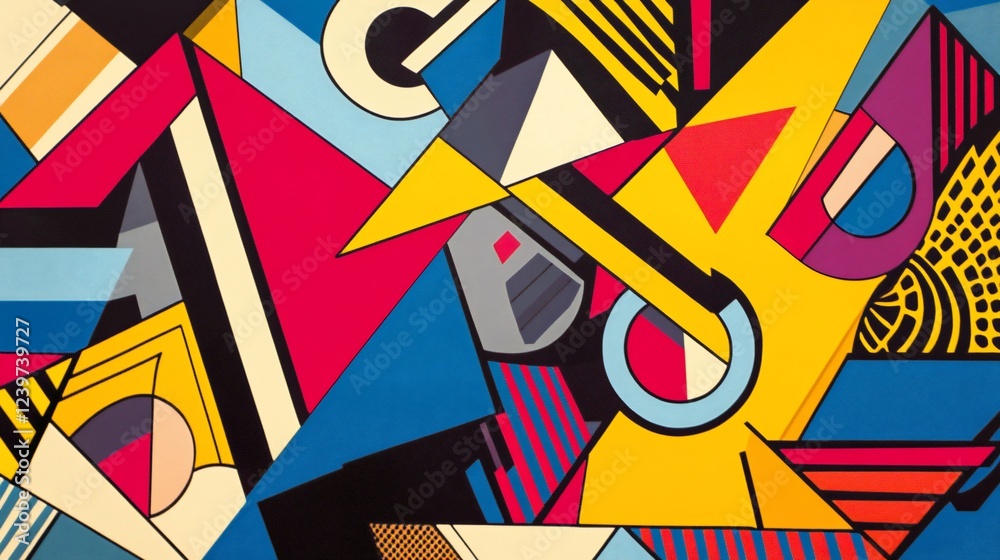 Poster dynamic geometric composition with bold colors and interlocking shapes creating abstract pattern