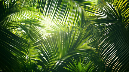 Obraz premium Tropical Green Palm Leaves, Natural Sunlight Background, Vibrant Botanical Backdrop, Eco-Friendly Design, Lush Jungle Foliage, Exotic Greenery