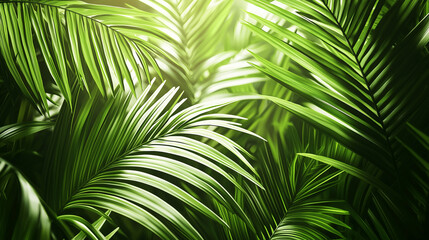 Tropical Green Palm Leaves, Natural Sunlight Background, Vibrant Botanical Backdrop, Eco-Friendly Design, Lush Jungle Foliage, Exotic Greenery